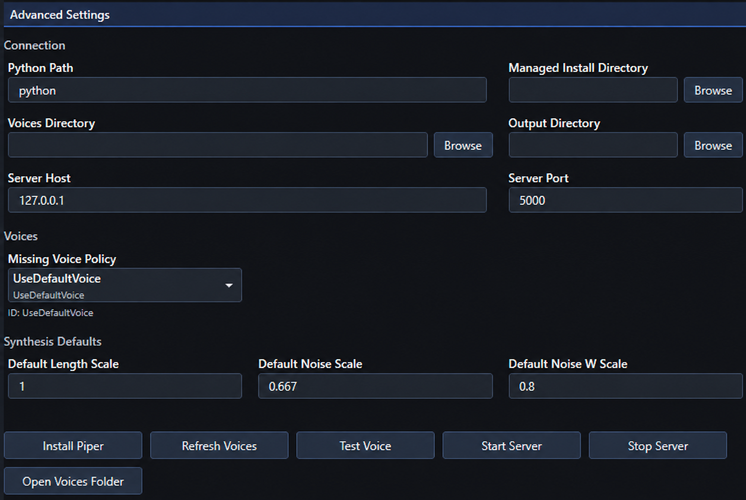 Piper Advanced Settings with private directory values removed and server and synthesis controls visible