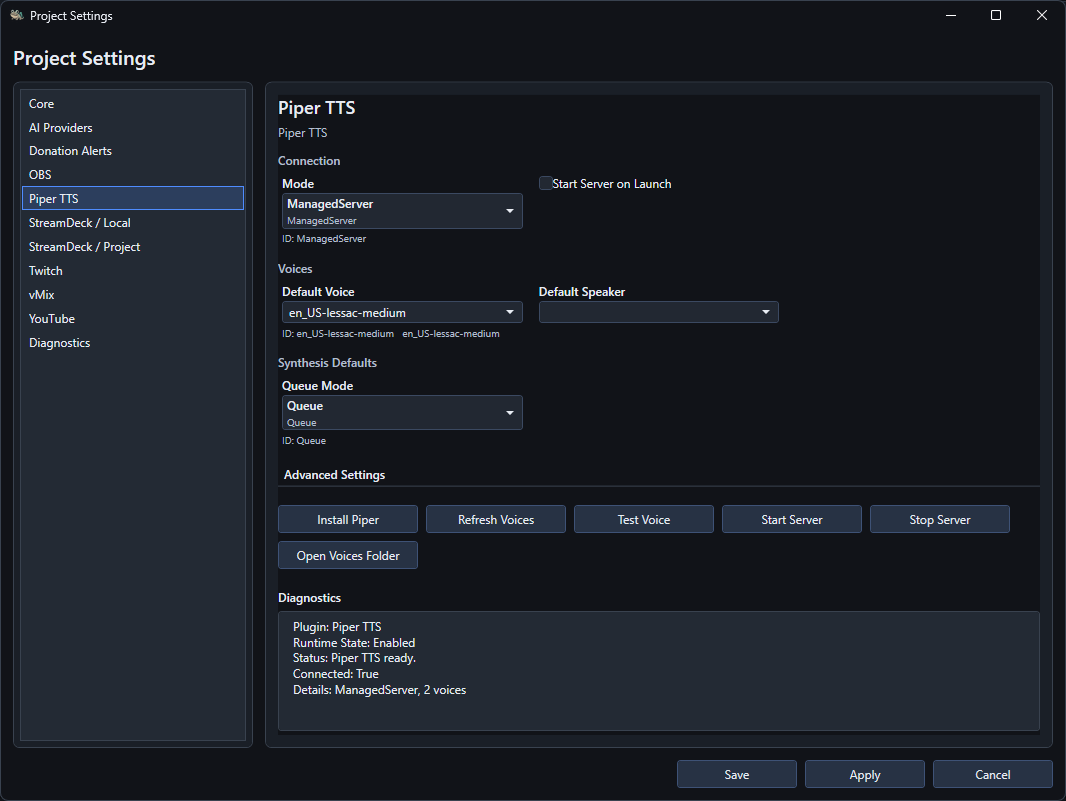 Piper TTS project settings with managed server, voice, queue mode, install, test and server controls