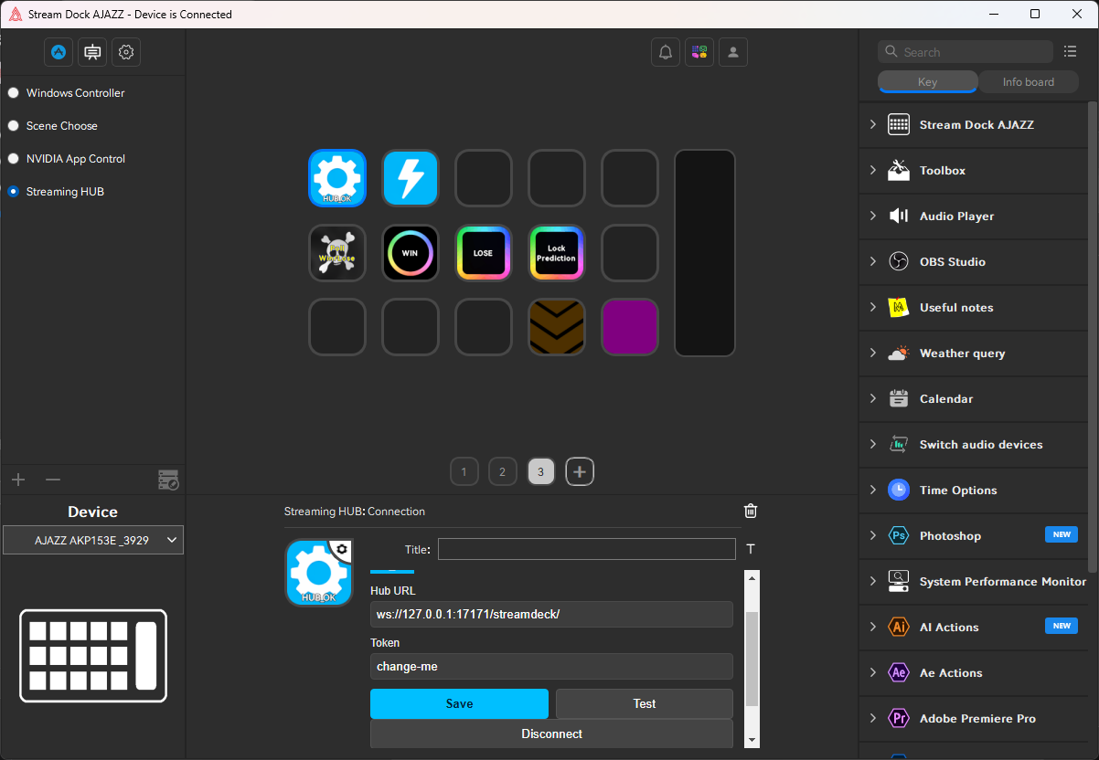 Ajazz Stream Dock Connection action showing a connected HUB_OK key, local bridge URL and example token
