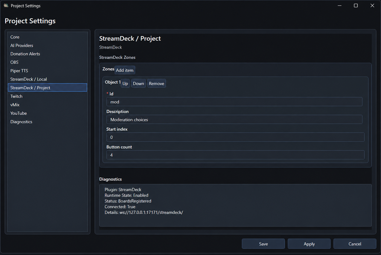StreamDeck Project settings showing UI Zone mod, start index zero and four buttons