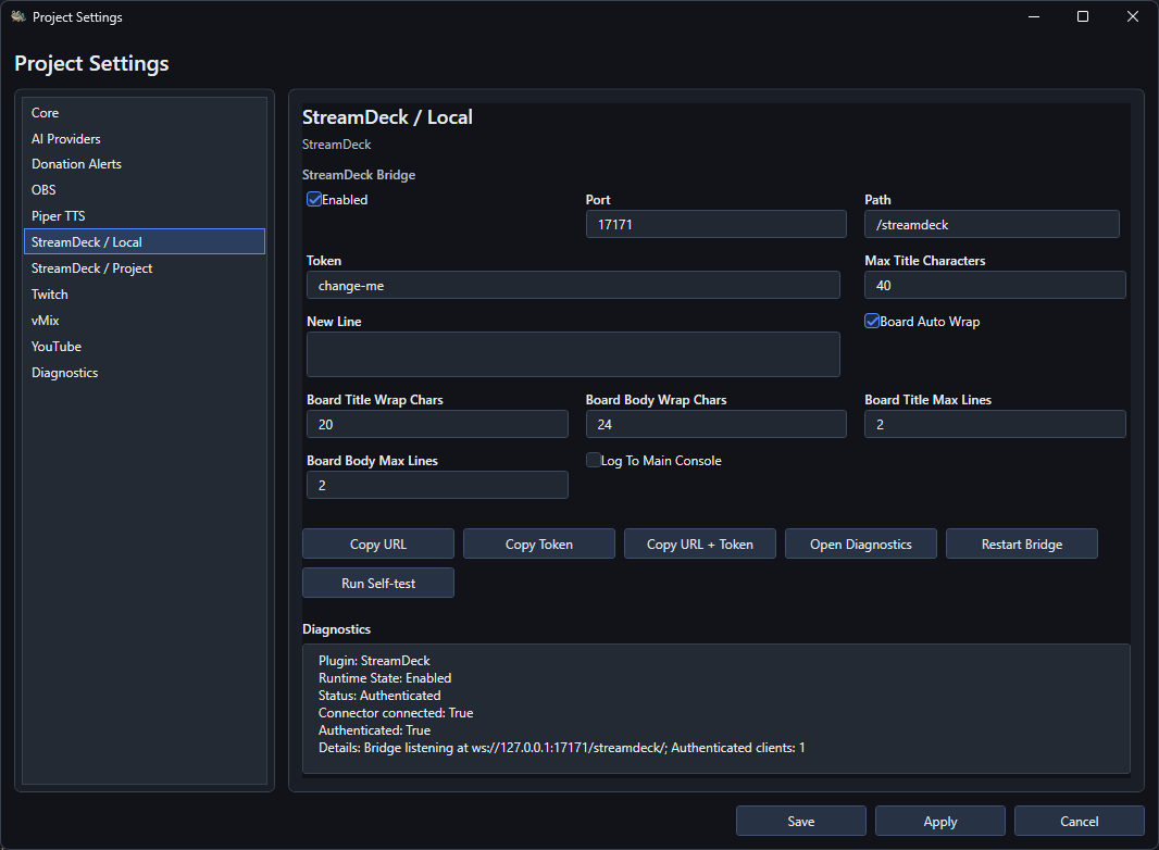 StreamDeck Local settings showing bridge controls and one authenticated client