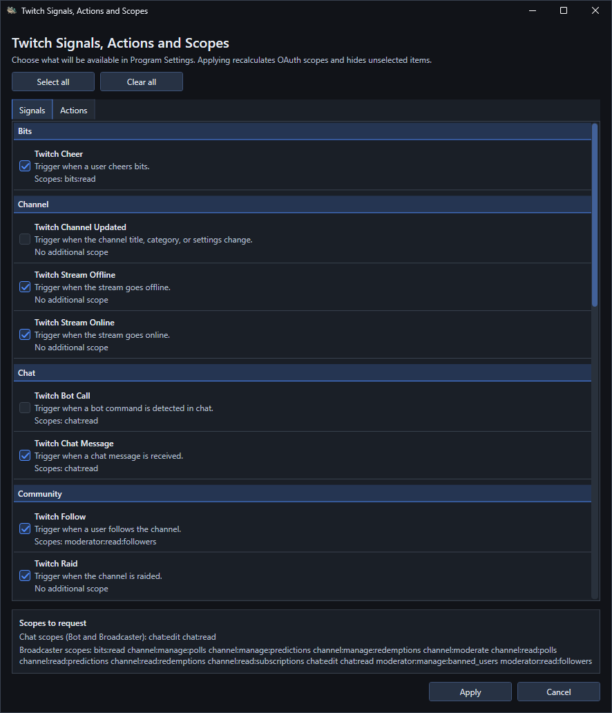 Twitch Signals, Actions and Scopes window with signal checkboxes and a summary of required OAuth scopes