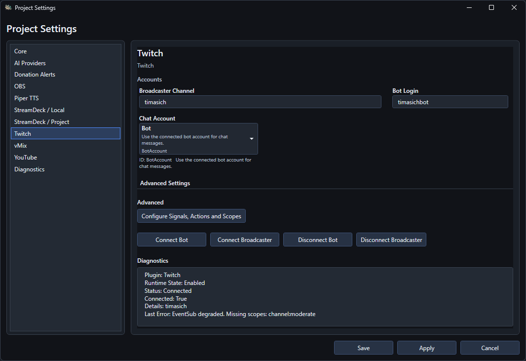 Twitch project settings showing account roles, connection buttons and diagnostics