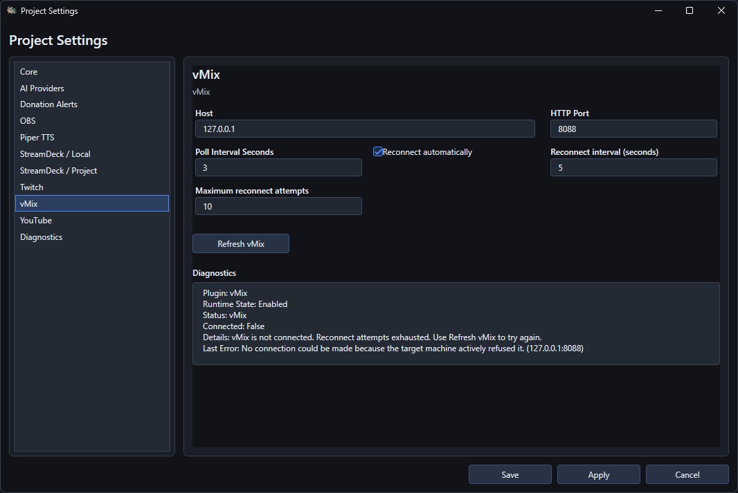 Streaming Hub vMix settings with host, HTTP port, polling interval, Refresh vMix and diagnostics