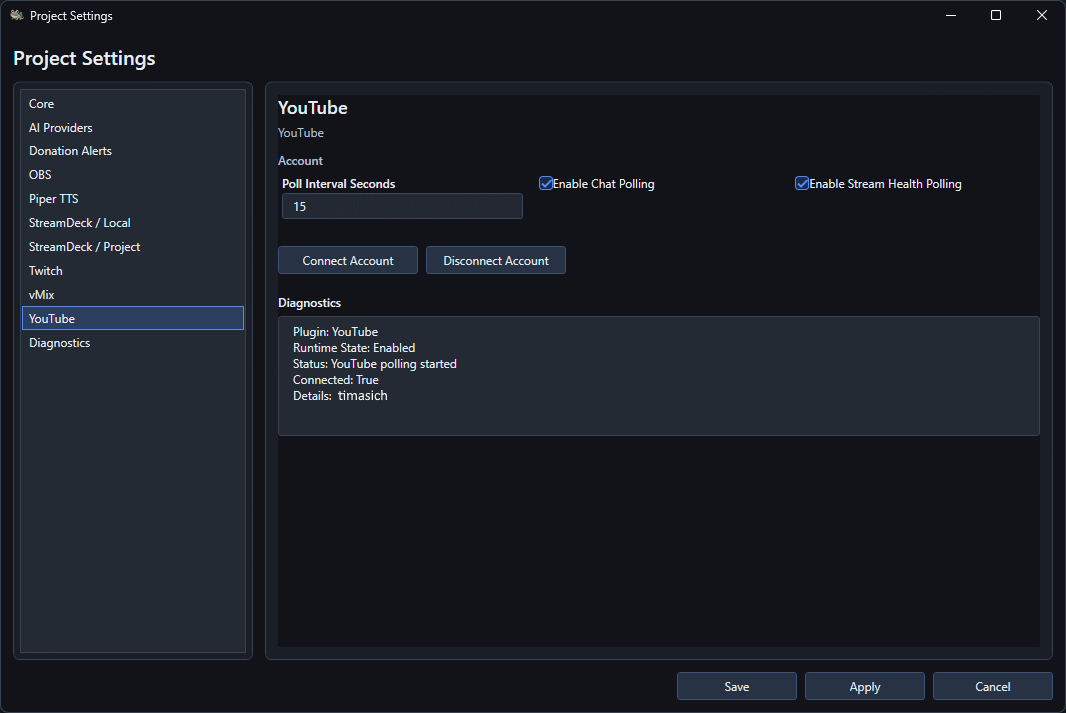 YouTube project settings showing polling controls, account connection buttons and diagnostics