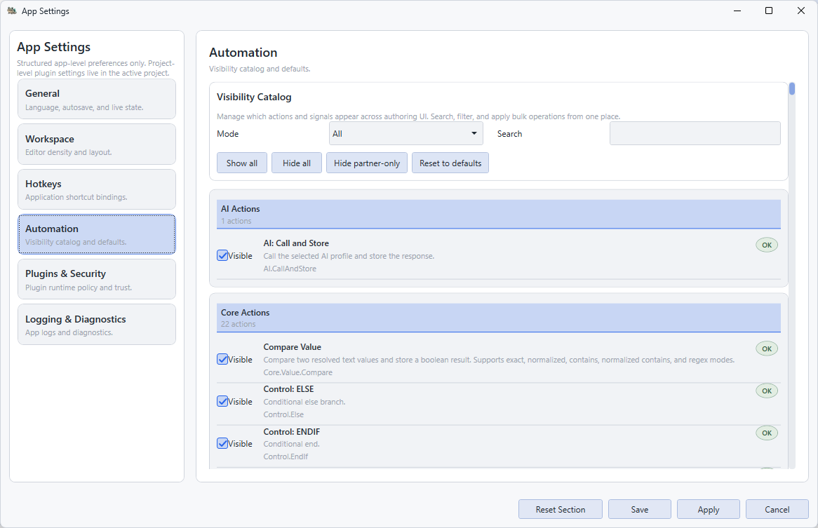 Automation settings with signal and action visibility controls