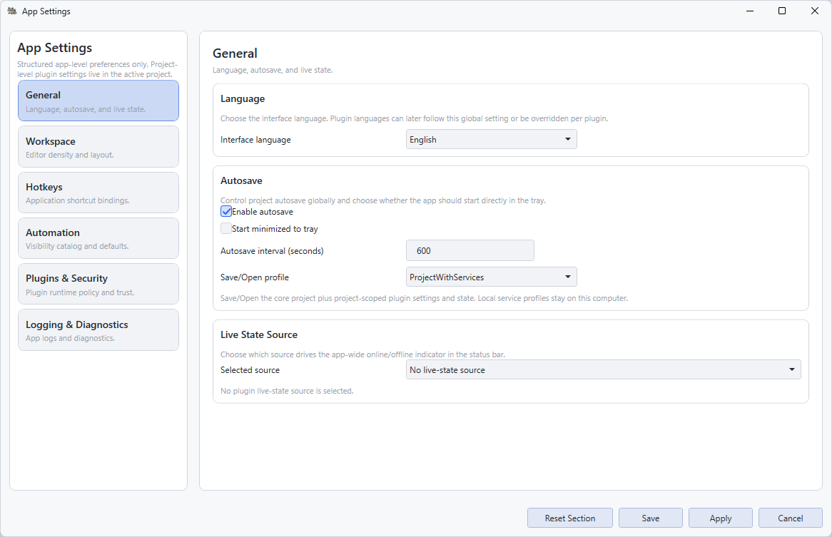 General section of Streaming Hub App Settings