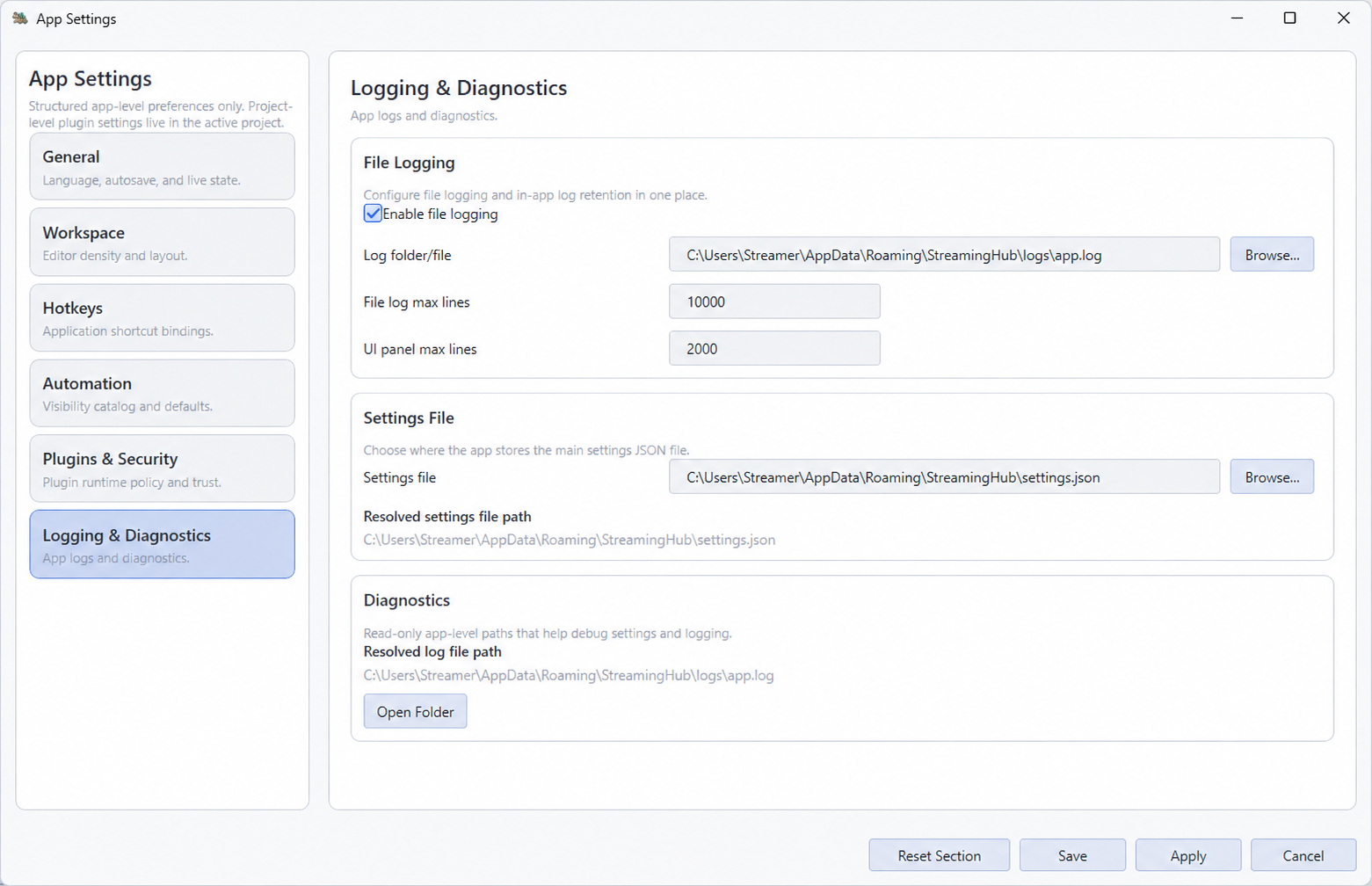 Streaming Hub logging and diagnostics settings with example folders