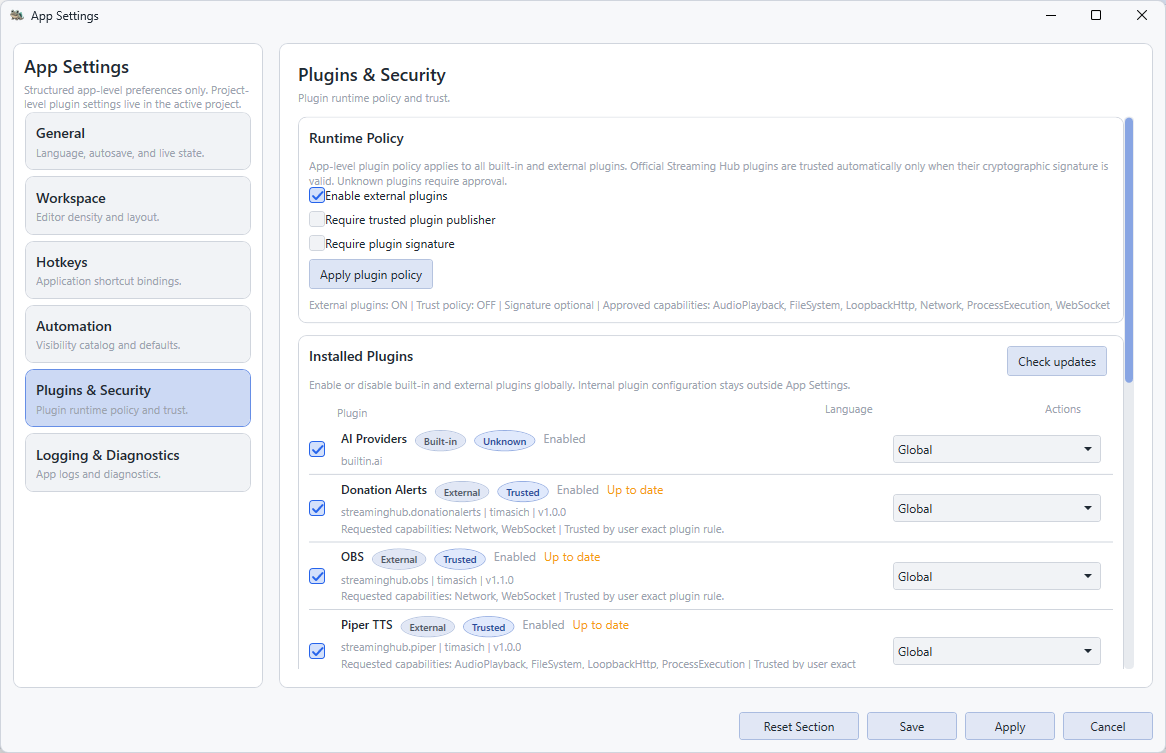 Streaming Hub plugin and security settings