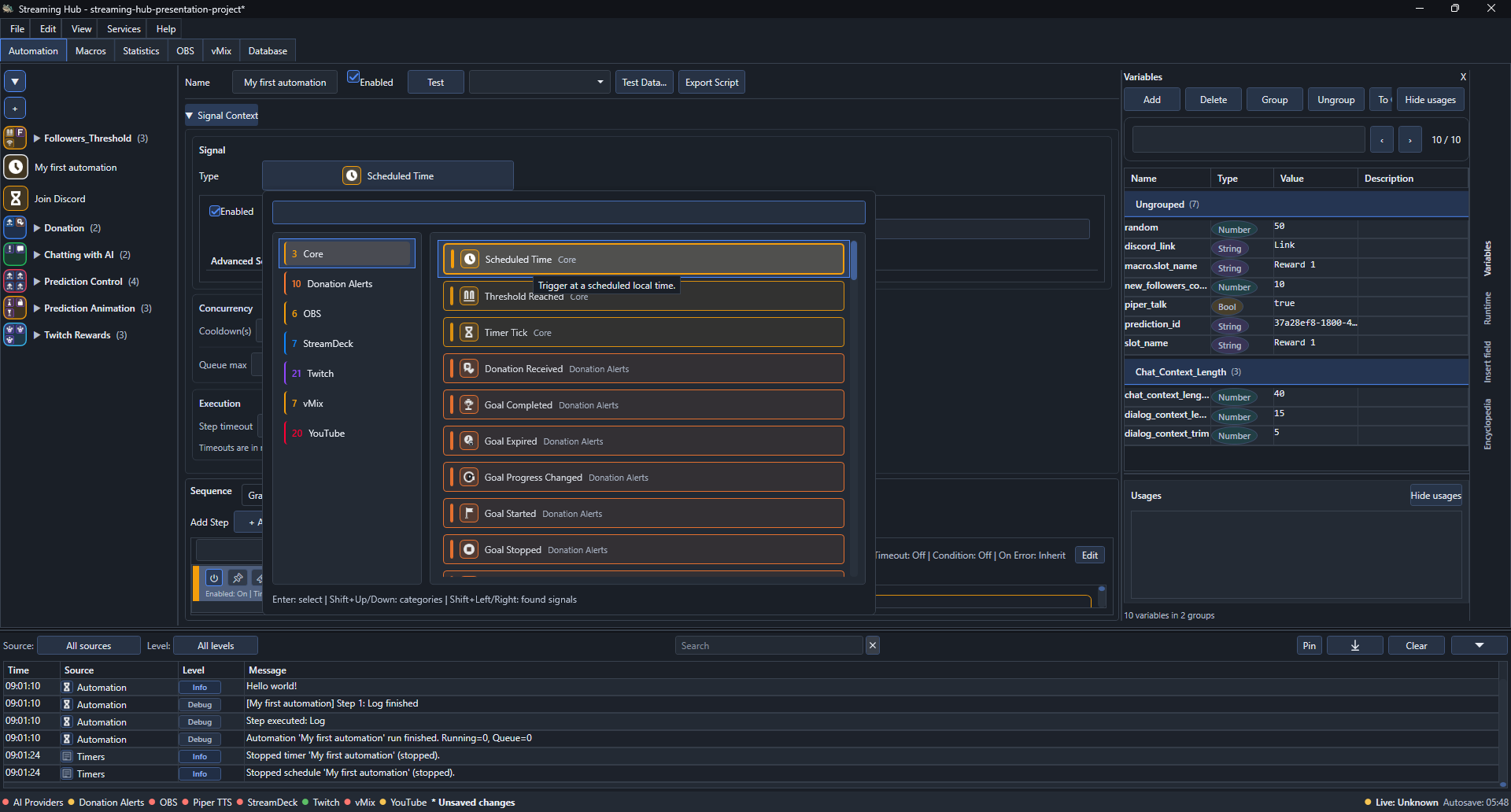 Signal selector with Scheduled Time selected