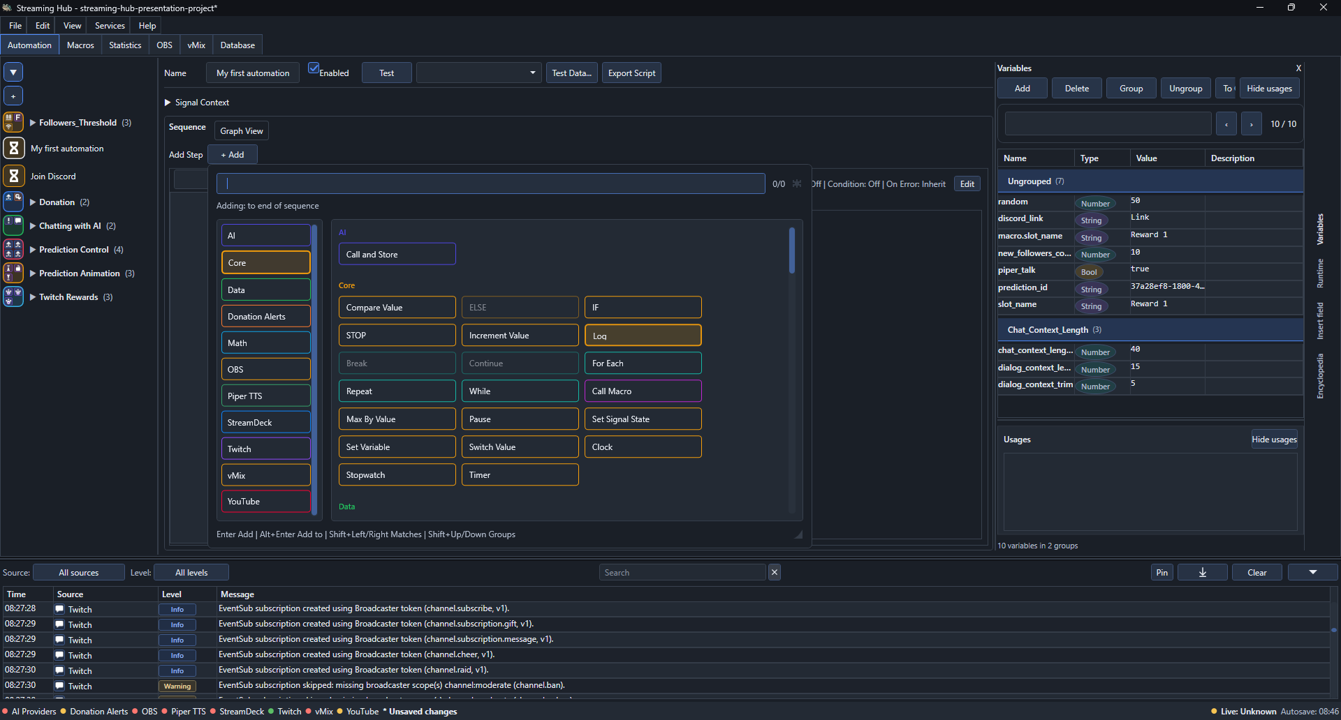Add Step menu with the Core Log step selected
