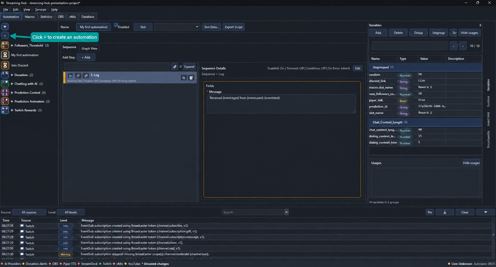 Automations workspace with an arrow pointing to the plus button used to create an automation