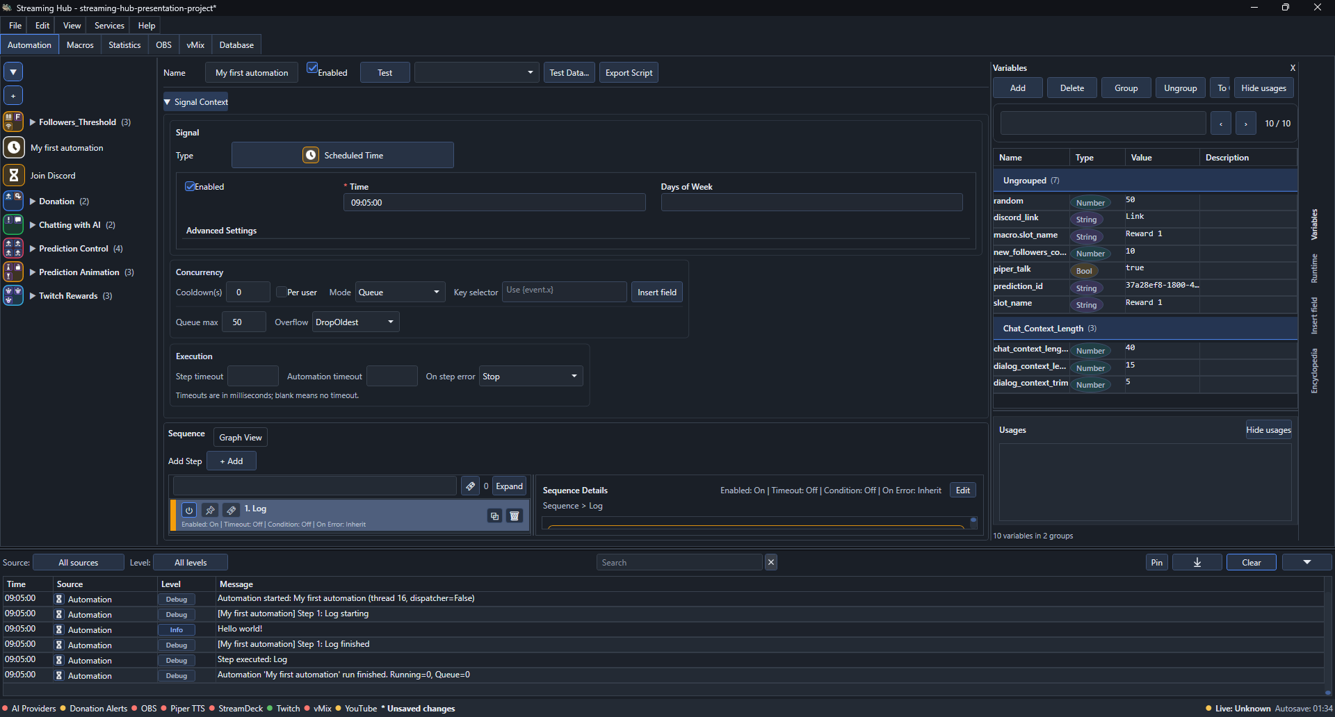 Scheduled Time signal settings and Logs panel showing an automatic run