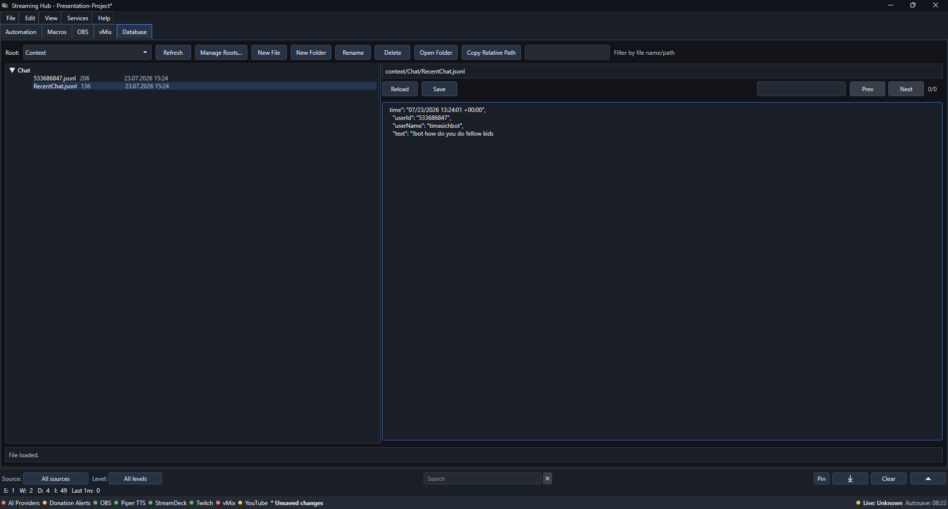 Streaming Hub Database workspace with configured roots and stored files