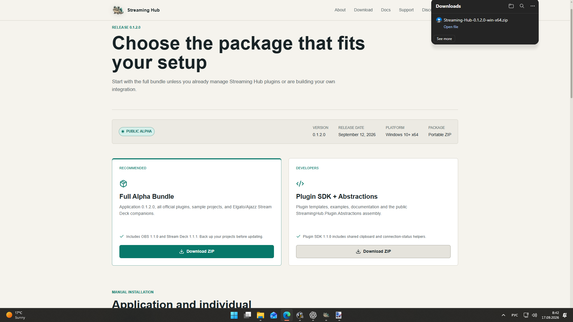 Streaming Hub download page with the Full Alpha Bundle download