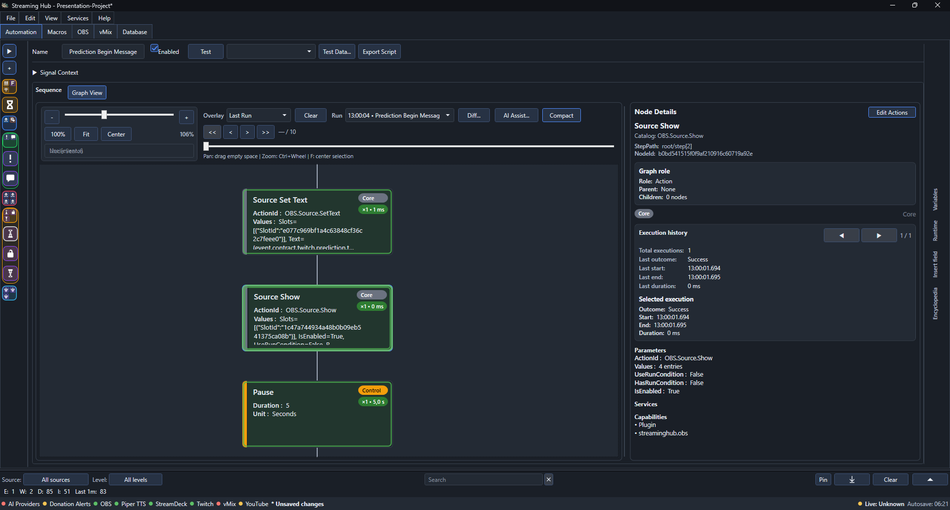 Streaming Hub graph view showing an automation as connected nodes