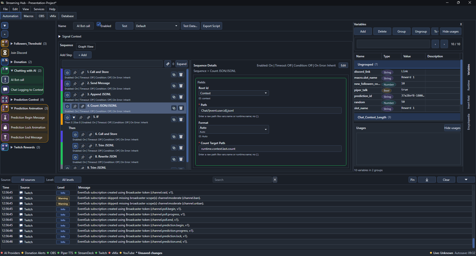 Streaming Hub main window with automation workspace, side panel, logs, and status bar