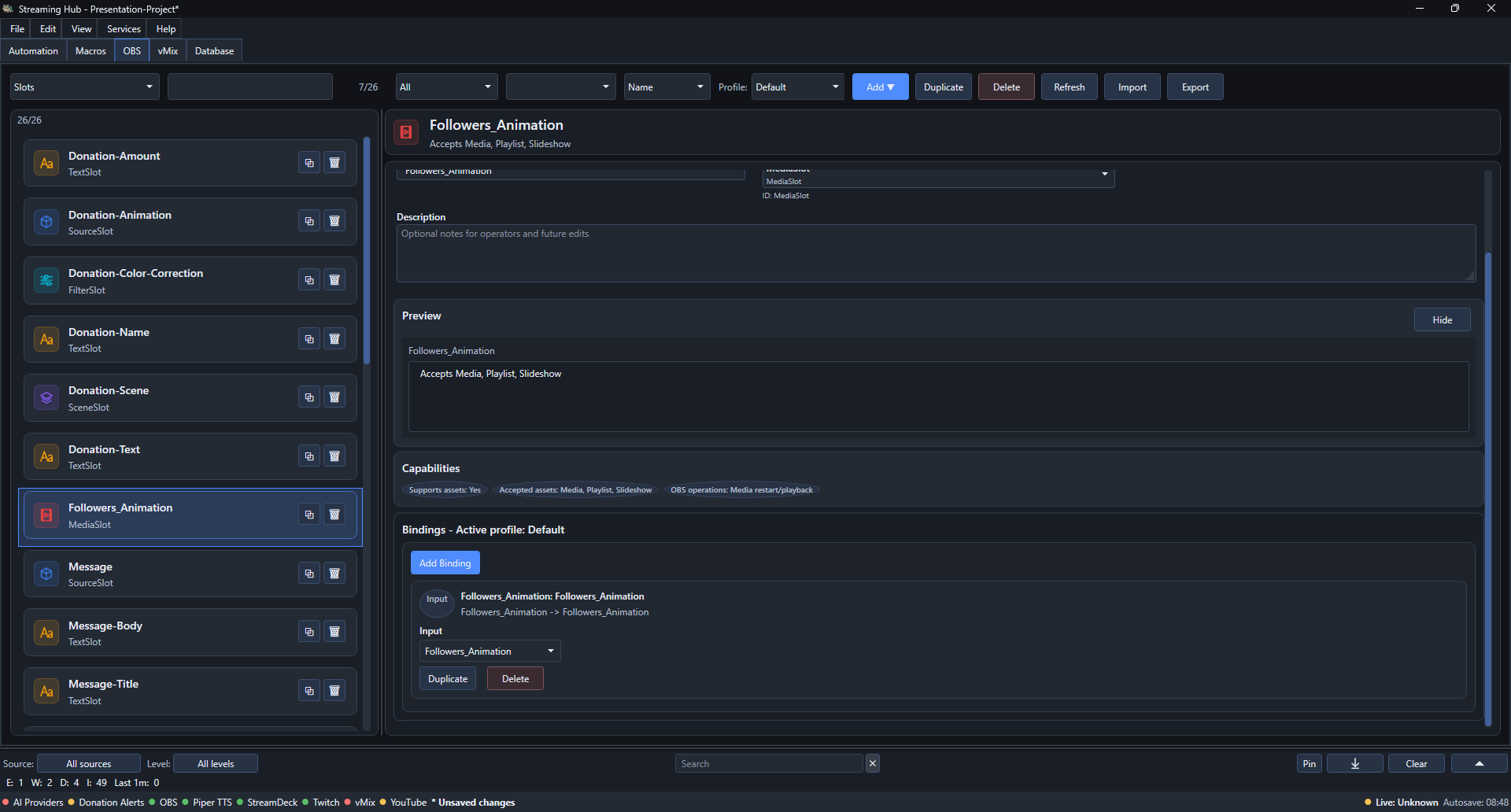 Streaming Hub OBS entity workspace showing profiles, slots, and bindings