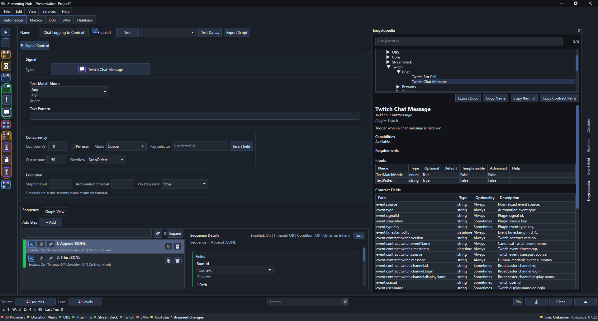 Signal settings and test controls in the automation workspace