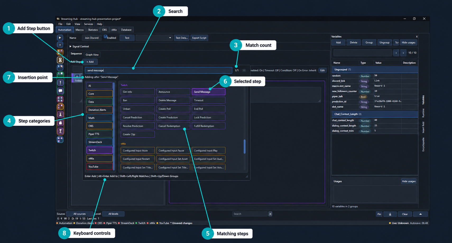 Annotated Add Step chooser with search, categories and insertion point
