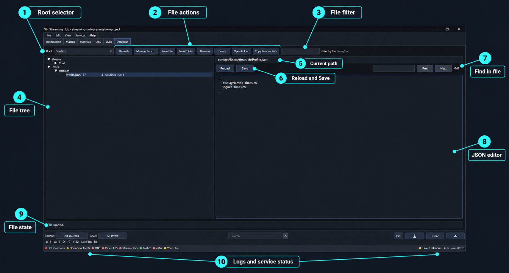 Annotated Database workspace with root selector, file actions, file tree and JSON editor
