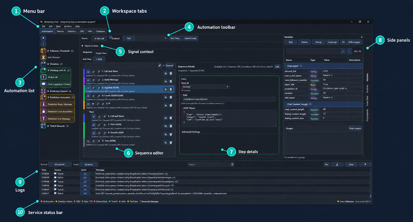 Annotated Streaming Hub main window with ten numbered interface areas