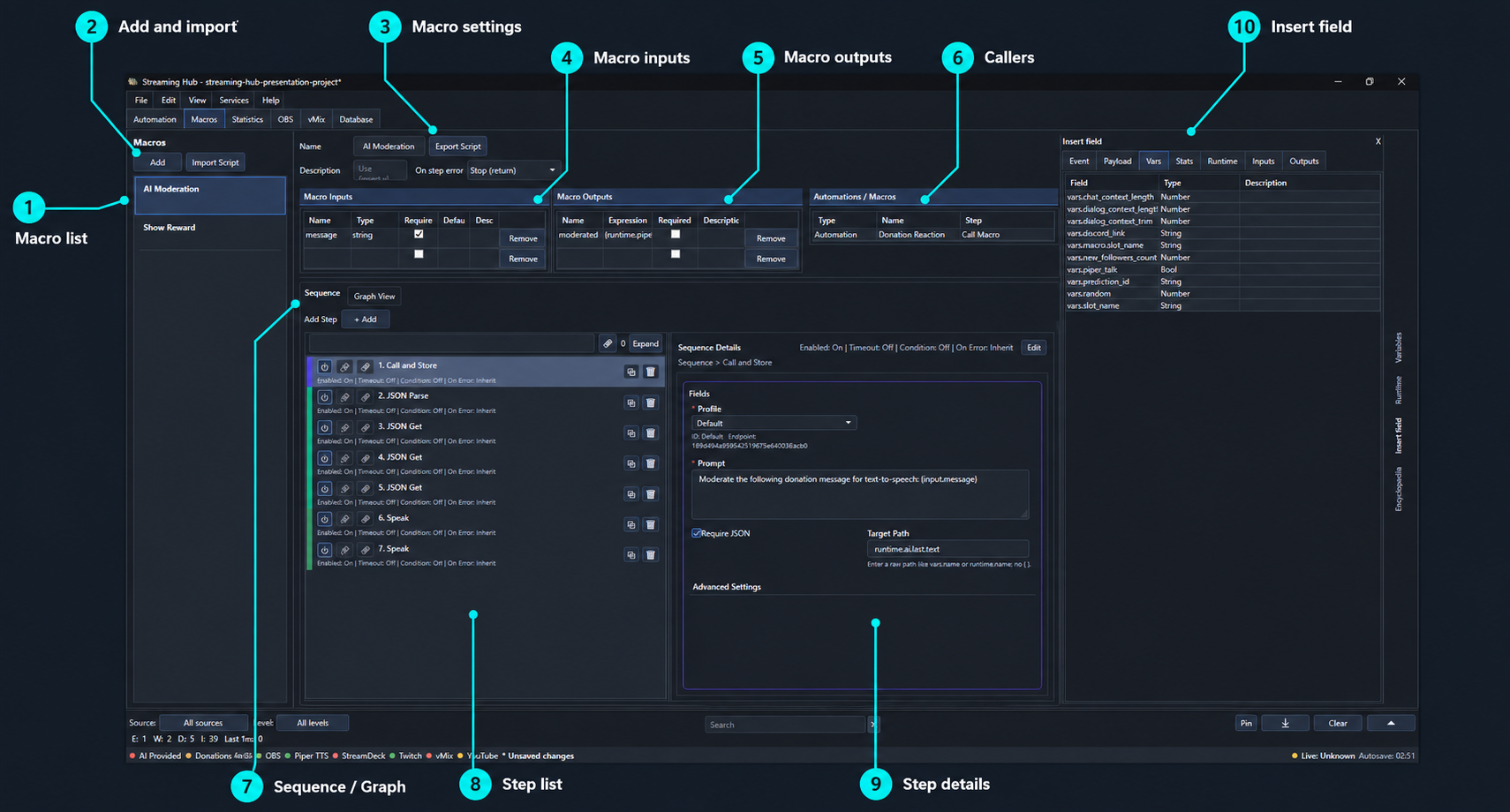 Annotated Macros workspace with macro list, inputs, outputs, callers, sequence and Insert Field panel
