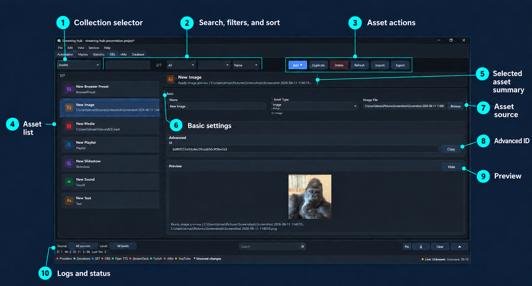 Annotated OBS Assets workspace with collection controls, asset list, settings, preview, logs and status
