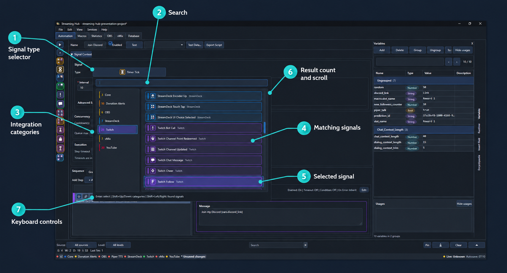 Annotated signal chooser with categories, search results and keyboard controls